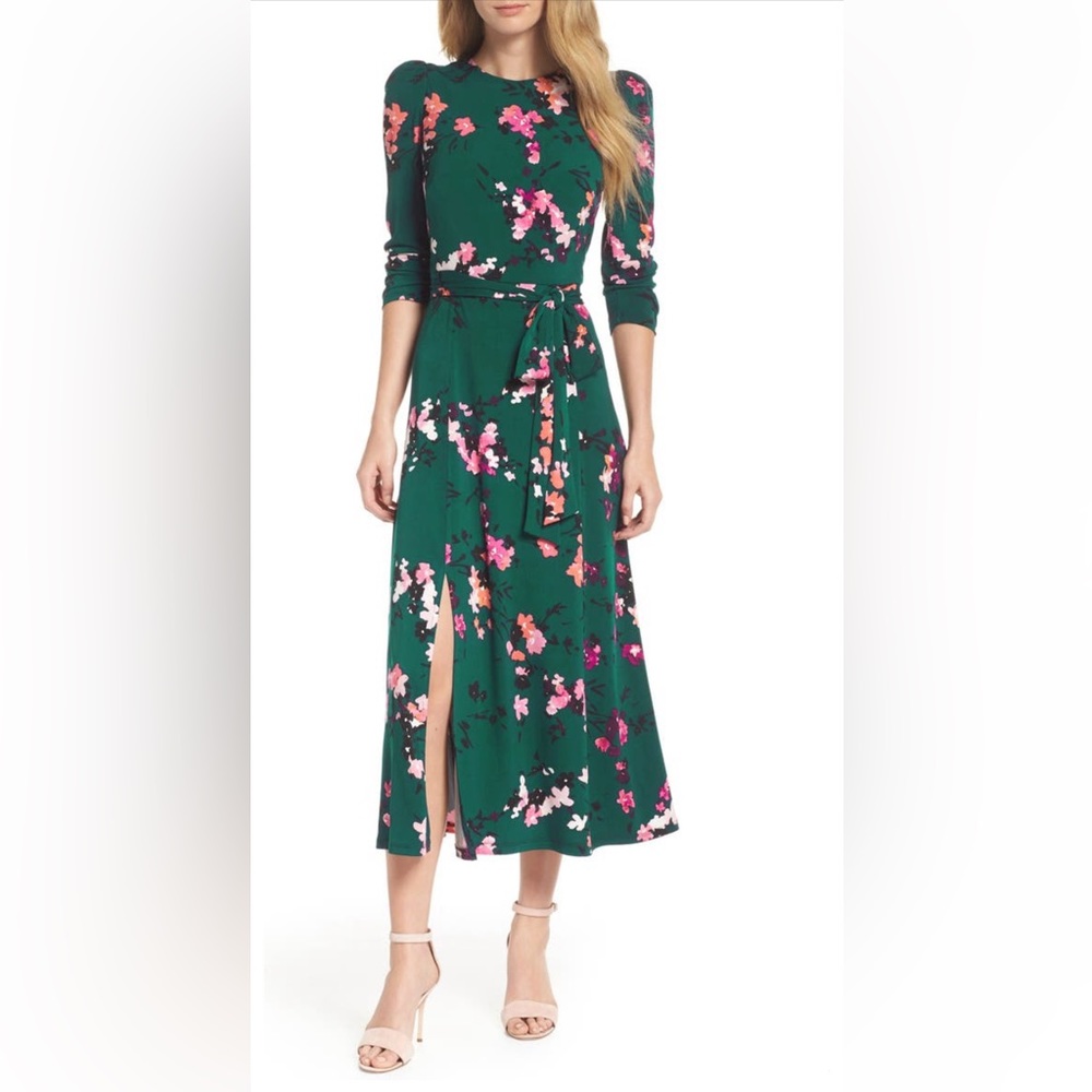 Eliza J Green Floral Midi Dress EUC